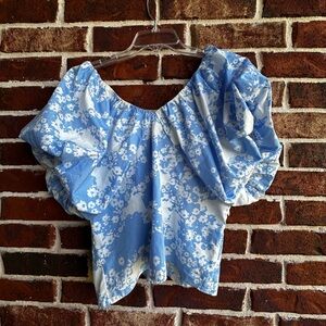 Marc New York Blue and White Floral Puff-Sleeve Blouse